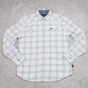 Howler Bros Shirt Men's Small Ivory/Blue Plaid Pearl Snap Long Sleeve Collared